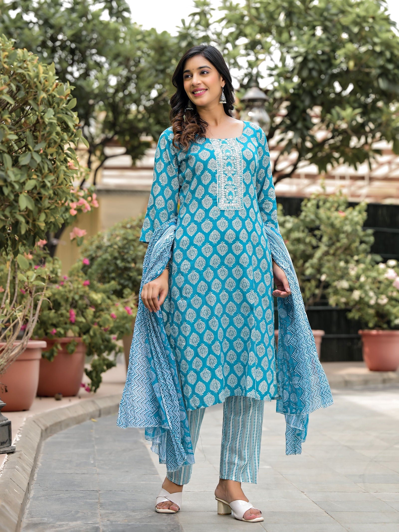 Juniper Blue Ethnic Motif Printed Cotton Kurta, Pant And Dupatta Set With Zari Work