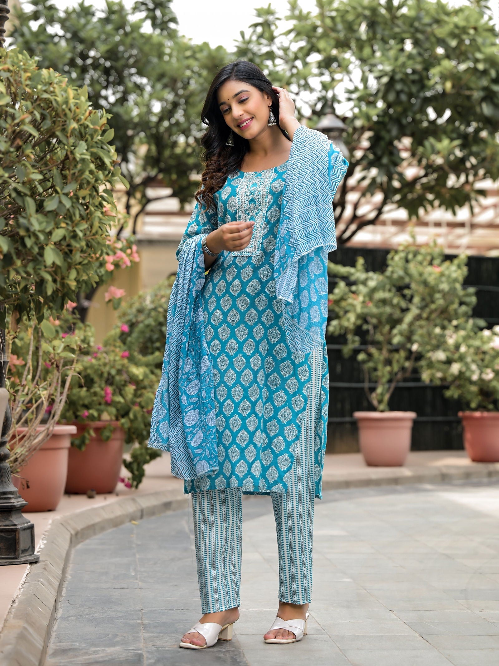Juniper Blue Ethnic Motif Printed Cotton Kurta, Pant And Dupatta Set With Zari Work