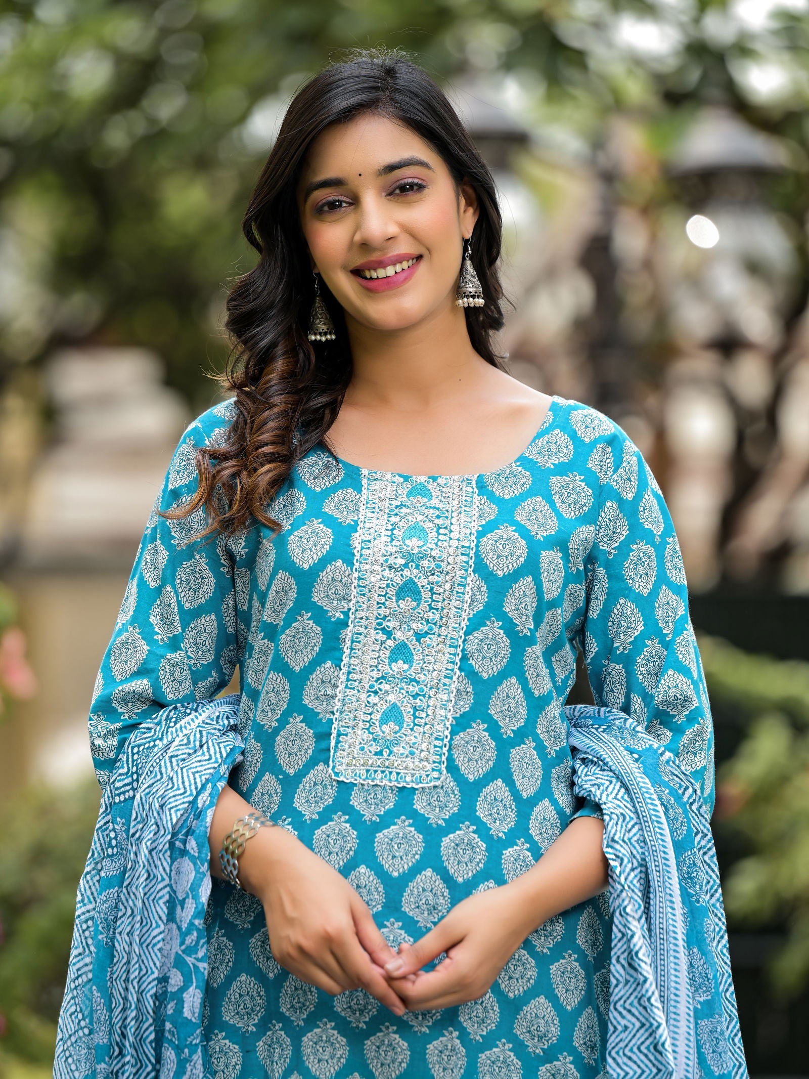 Juniper Blue Ethnic Motif Printed Cotton Kurta, Pant And Dupatta Set With Zari Work