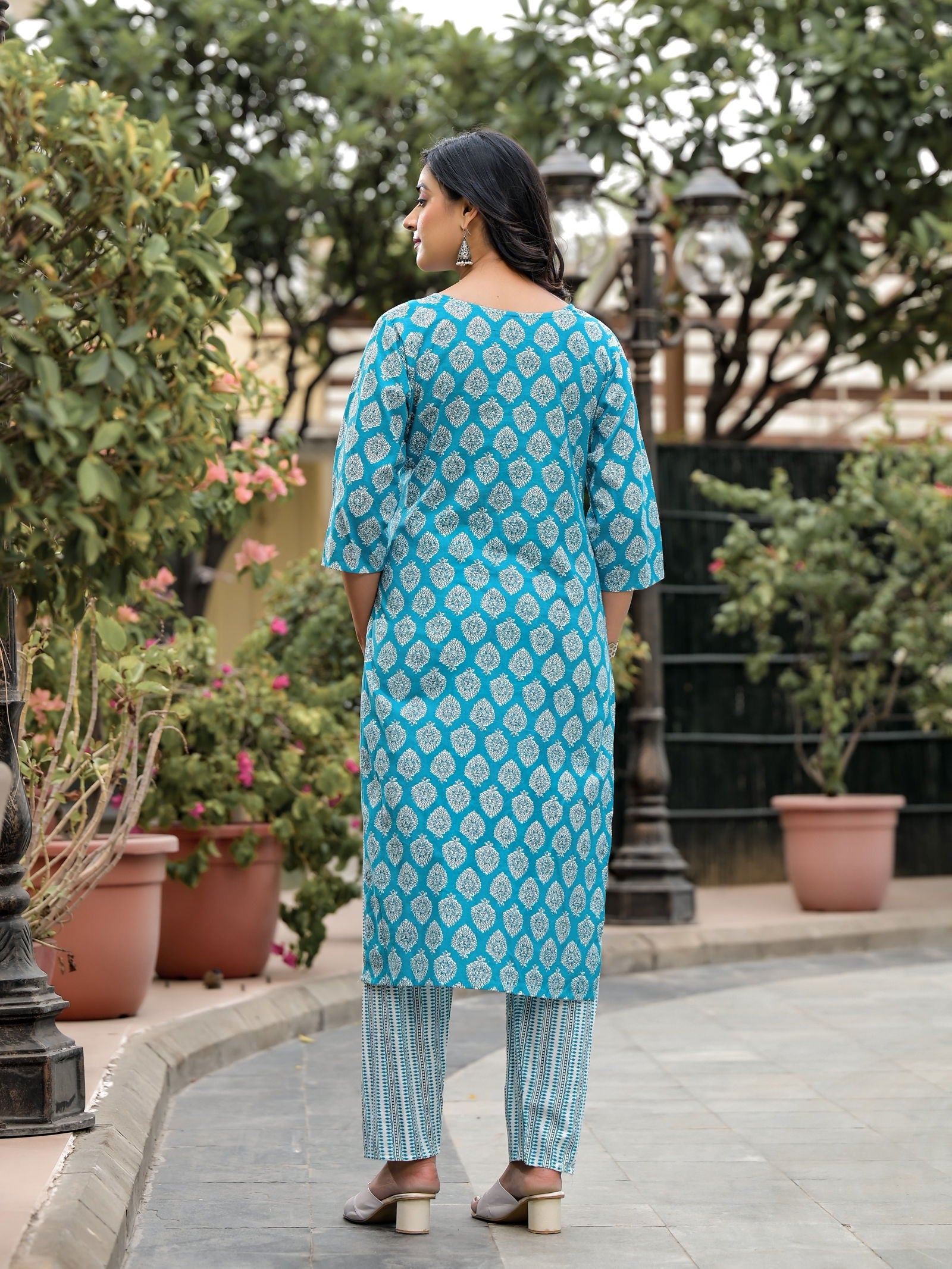 Juniper Blue Ethnic Motif Printed Cotton Kurta, Pant And Dupatta Set With Zari Work