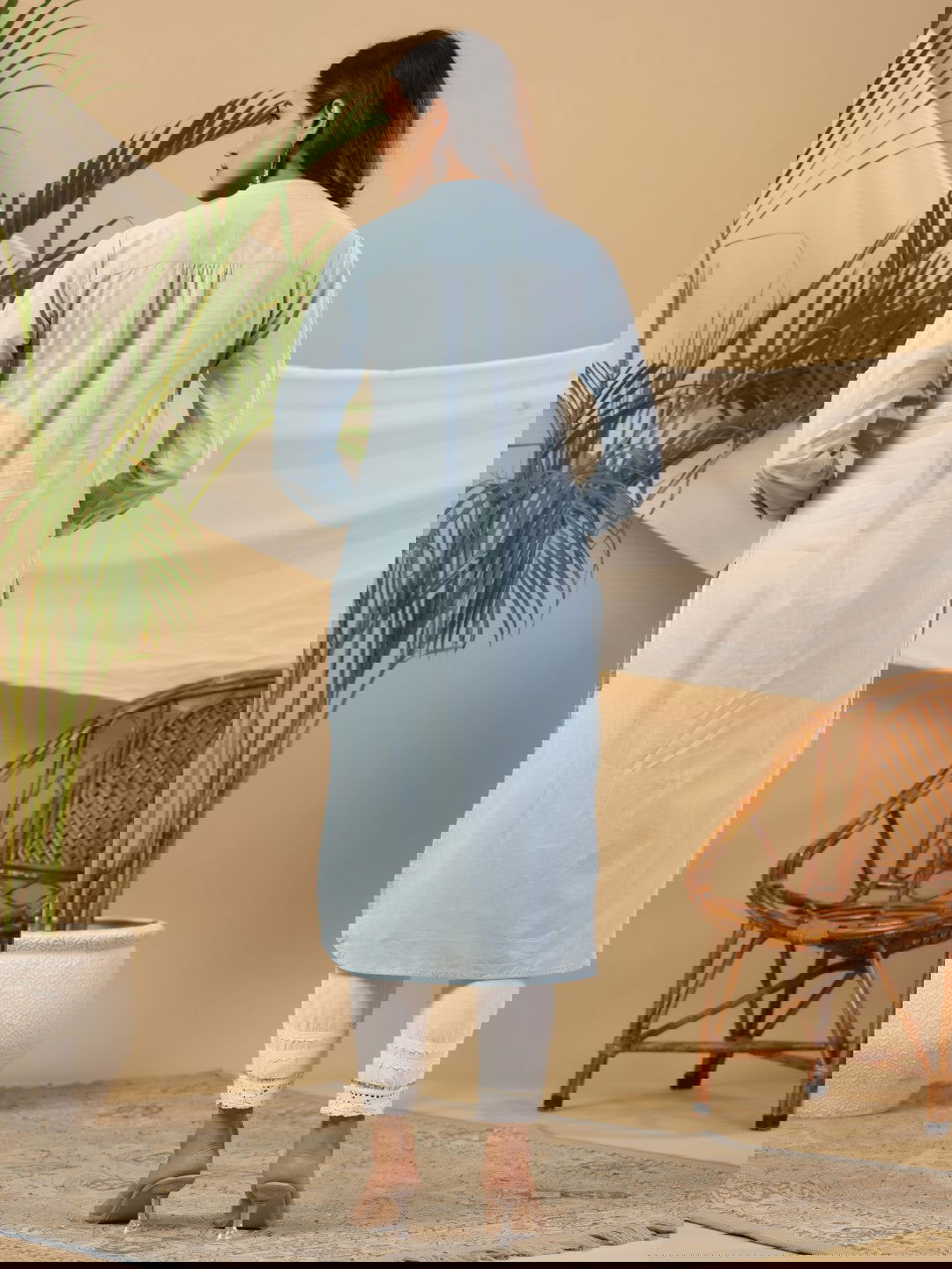 Juniper Blue Ethnic Motif Printed Cotton Slub & Flex Kurta & Pants Set With Thread Embroidery