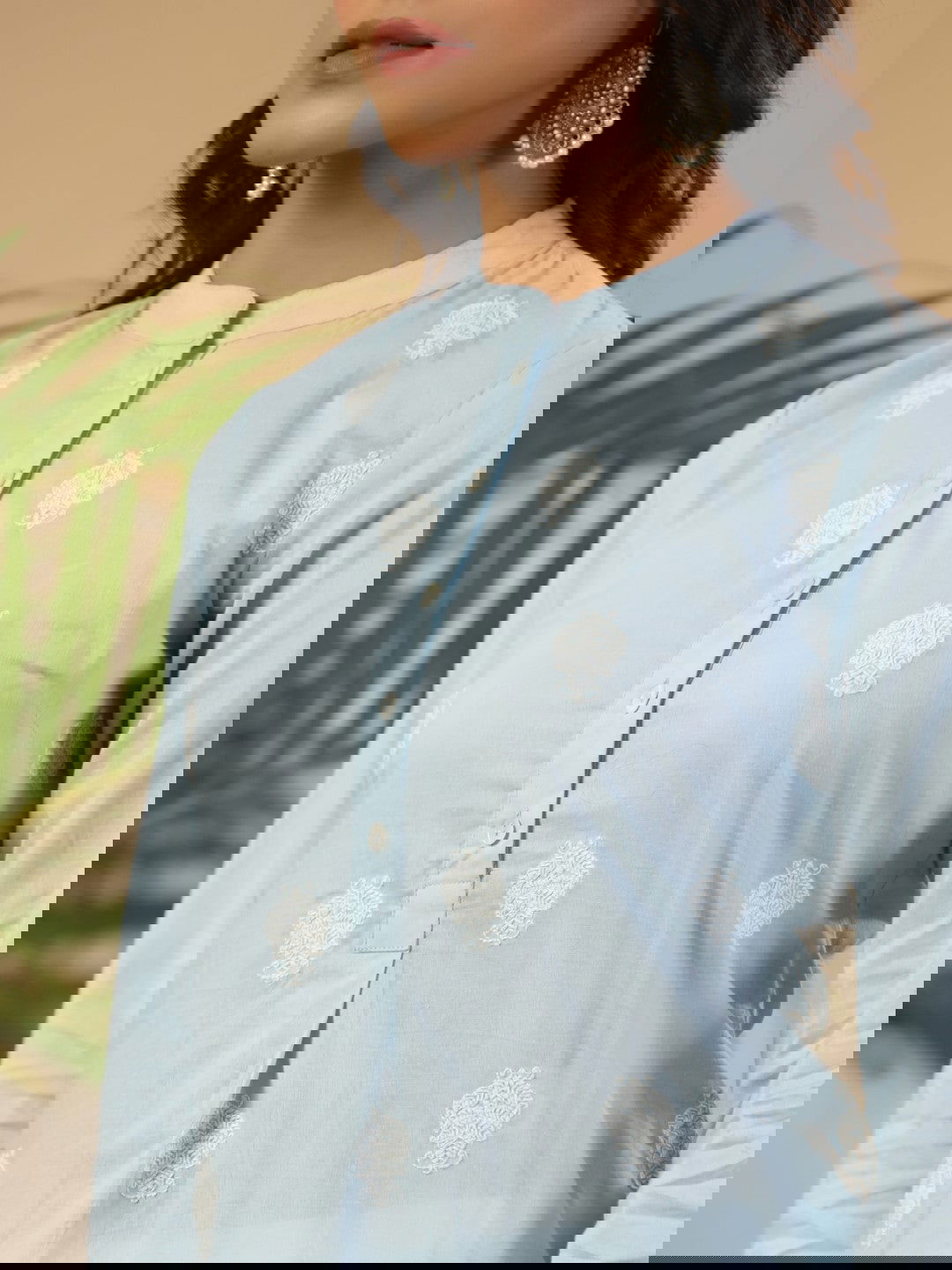 Juniper Blue Ethnic Motif Printed Cotton Slub & Flex Kurta & Pants Set With Thread Embroidery