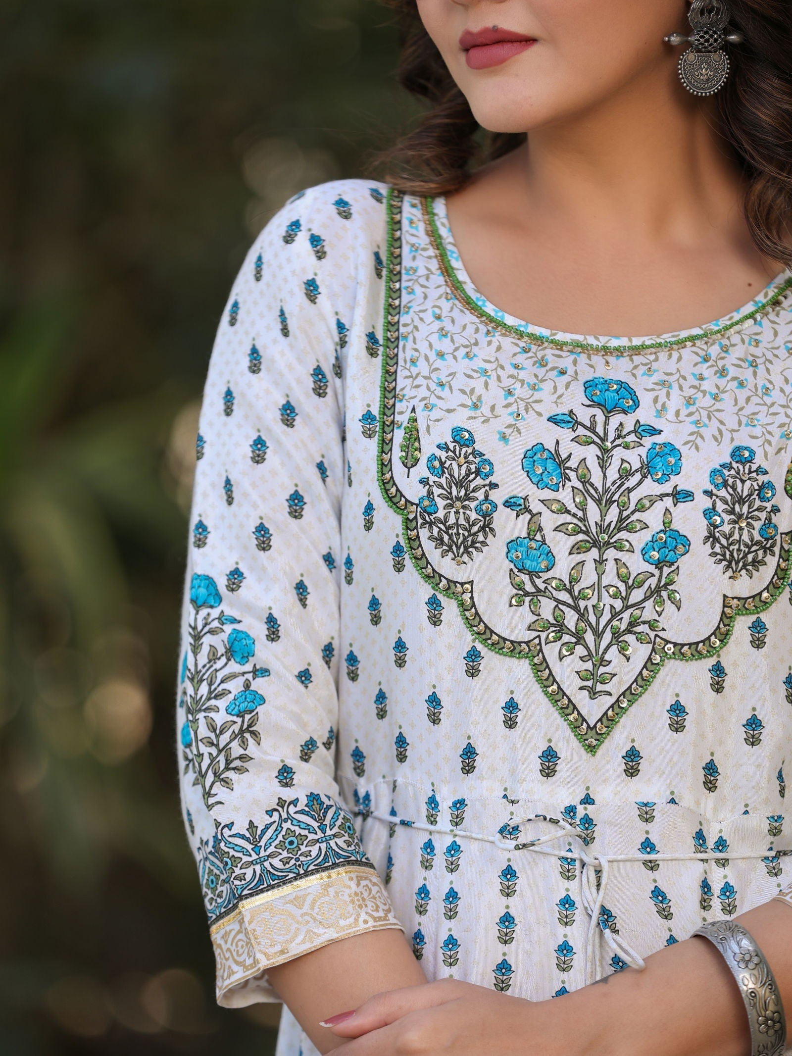 Juniper Blue Ethnic Motif Printed Flared Shantoon Maxi Dress With Beads & Sequins Work