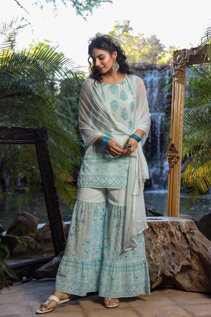 Juniper Blue Ethnic Motif Printed Georgette Kurta Sharara & Chiffon Dupatta Set