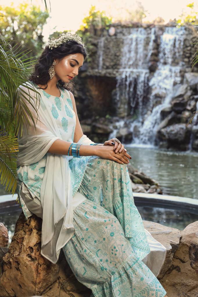 Juniper Blue Ethnic Motif Printed Georgette Kurta Sharara & Chiffon Dupatta Set