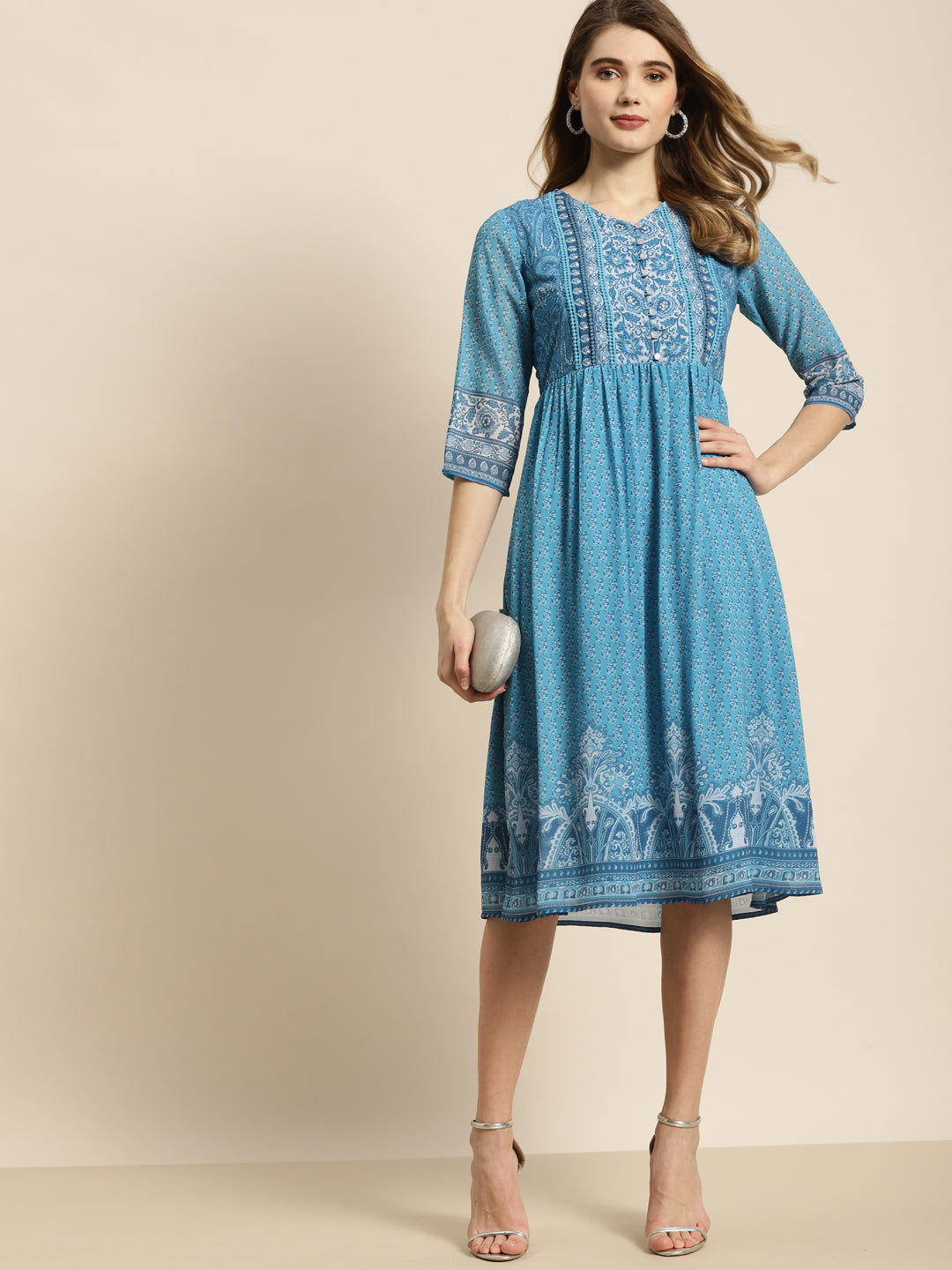 Juniper Blue Ethnic Motif Printed Georgette Midi Dress with Beads & Sequins Detail