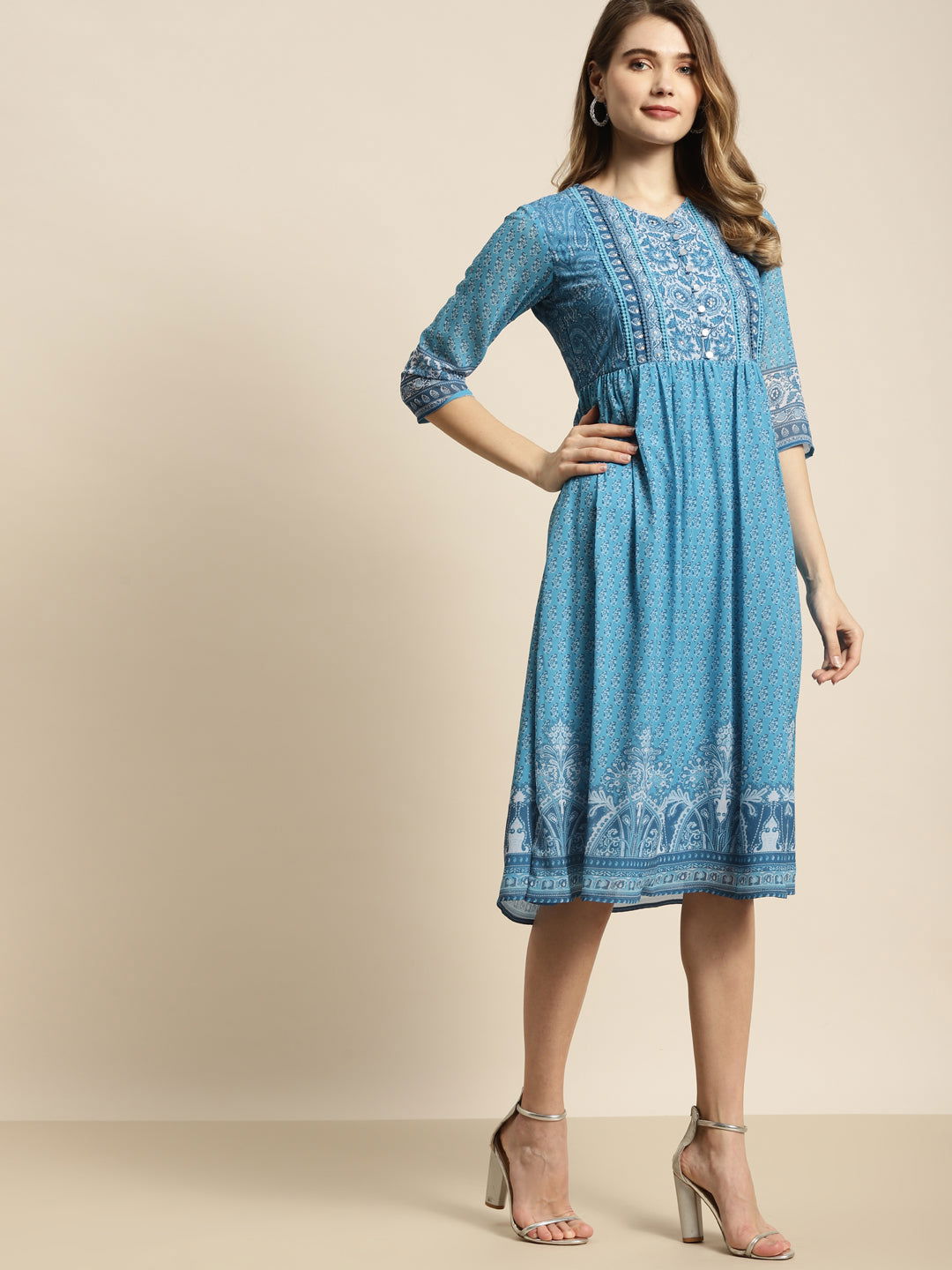 Juniper Blue Ethnic Motif Printed Georgette Midi Dress with Beads & Sequins Detail