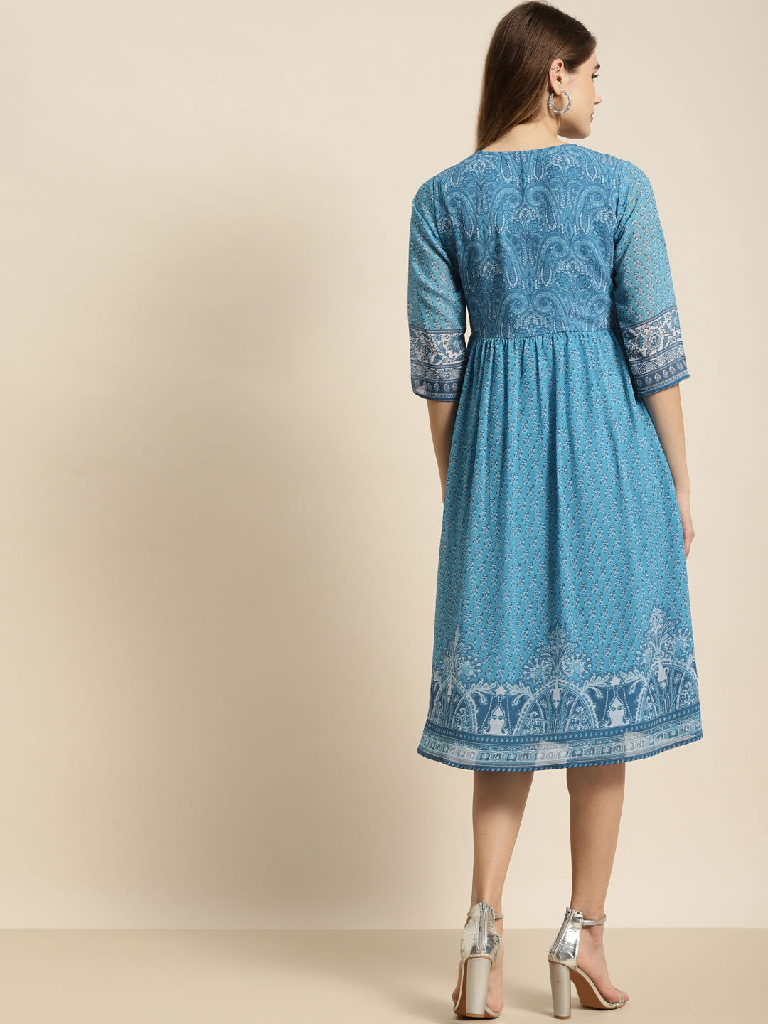 Juniper Blue Ethnic Motif Printed Georgette Midi Dress with Beads & Sequins Detail