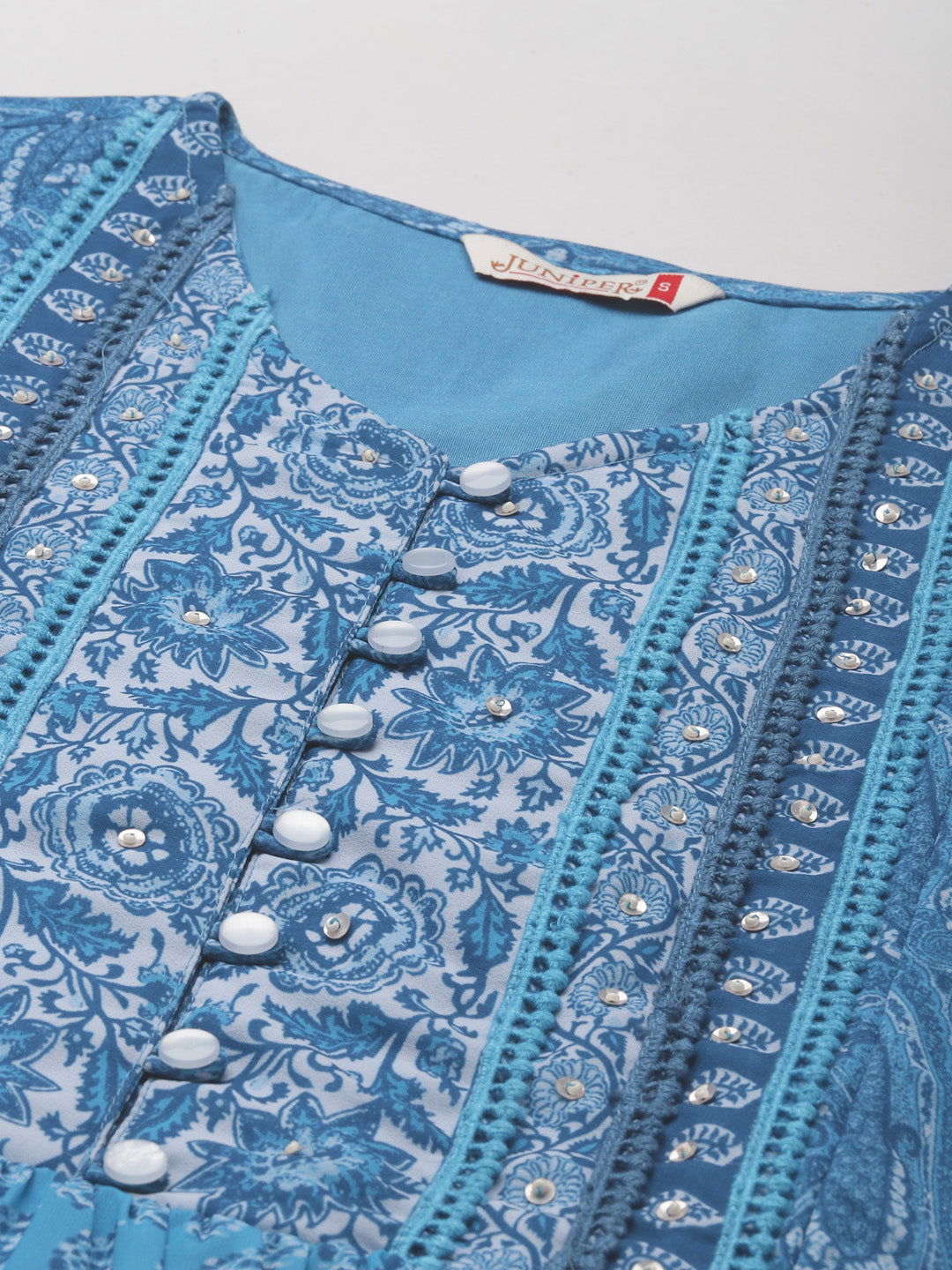 Juniper Blue Ethnic Motif Printed Georgette Midi Dress with Beads & Sequins Detail