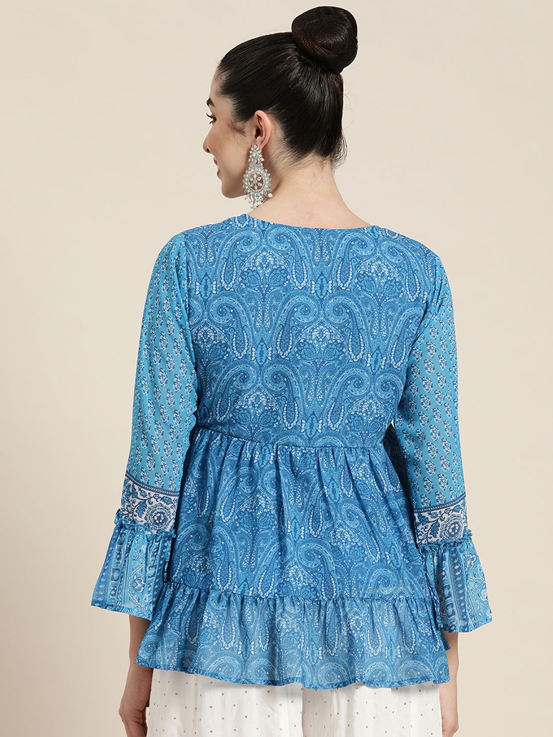 Juniper Blue Ethnic Motif Printed Georgette Tunic with Beads & Sequins