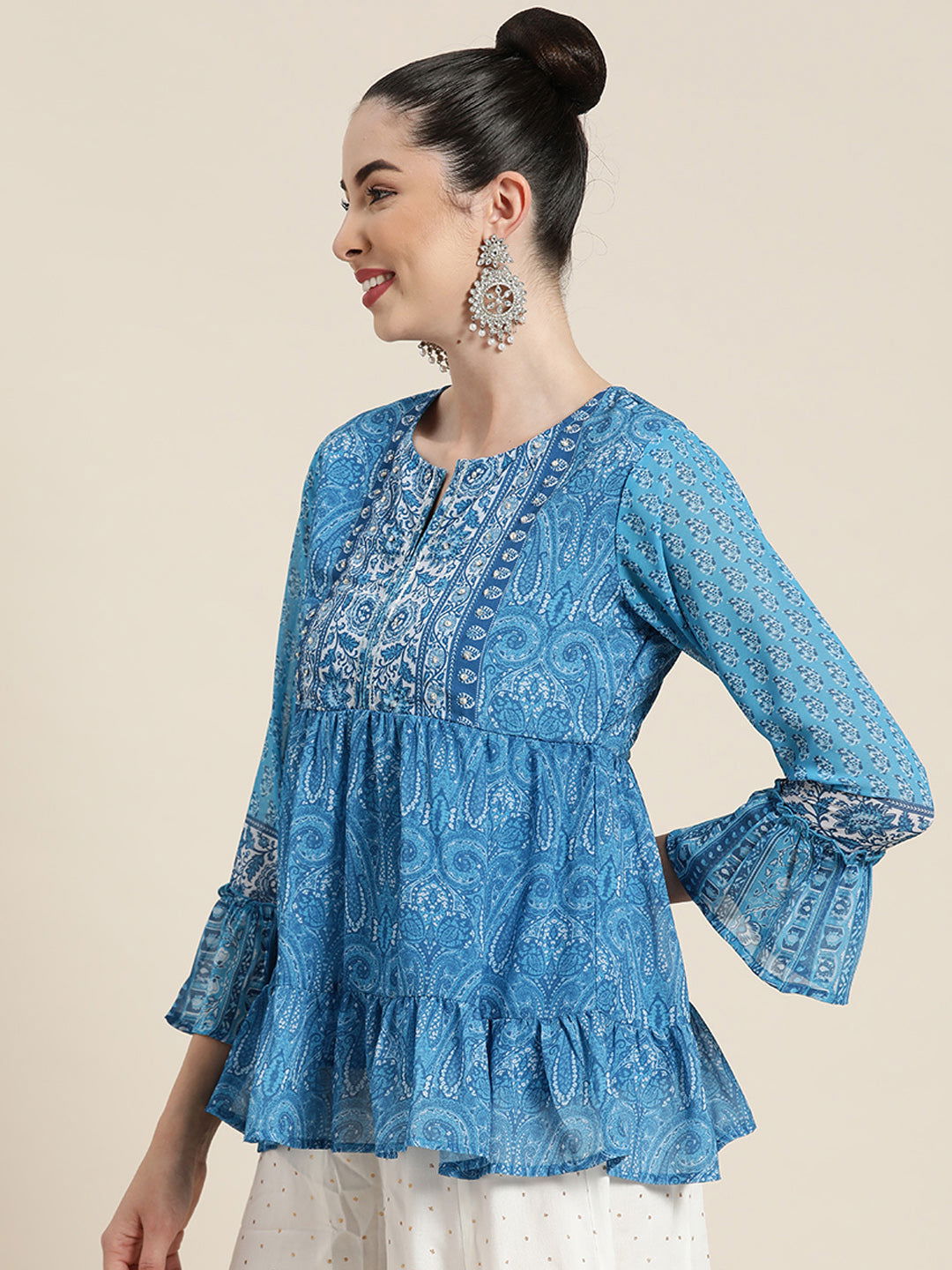 Juniper Blue Ethnic Motif Printed Georgette Tunic with Beads & Sequins