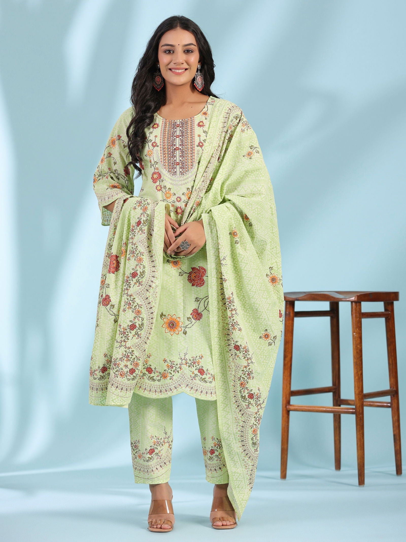 Juniper Blue Ethnic Motif Printed Pure Cotton Kurta Palazzo & Dupatta Set with Beads & Sequins