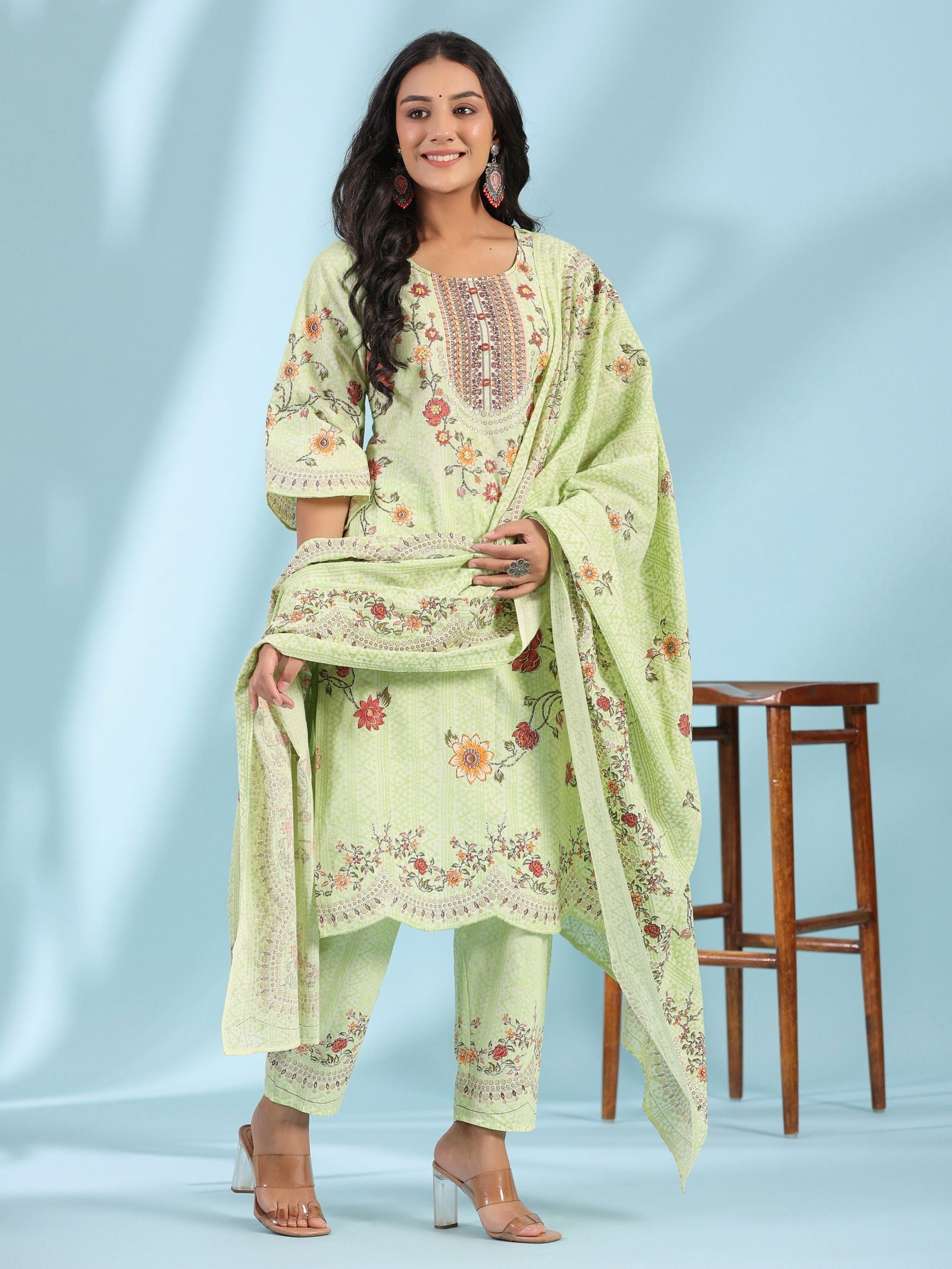 Juniper Blue Ethnic Motif Printed Pure Cotton Kurta Palazzo & Dupatta Set with Beads & Sequins