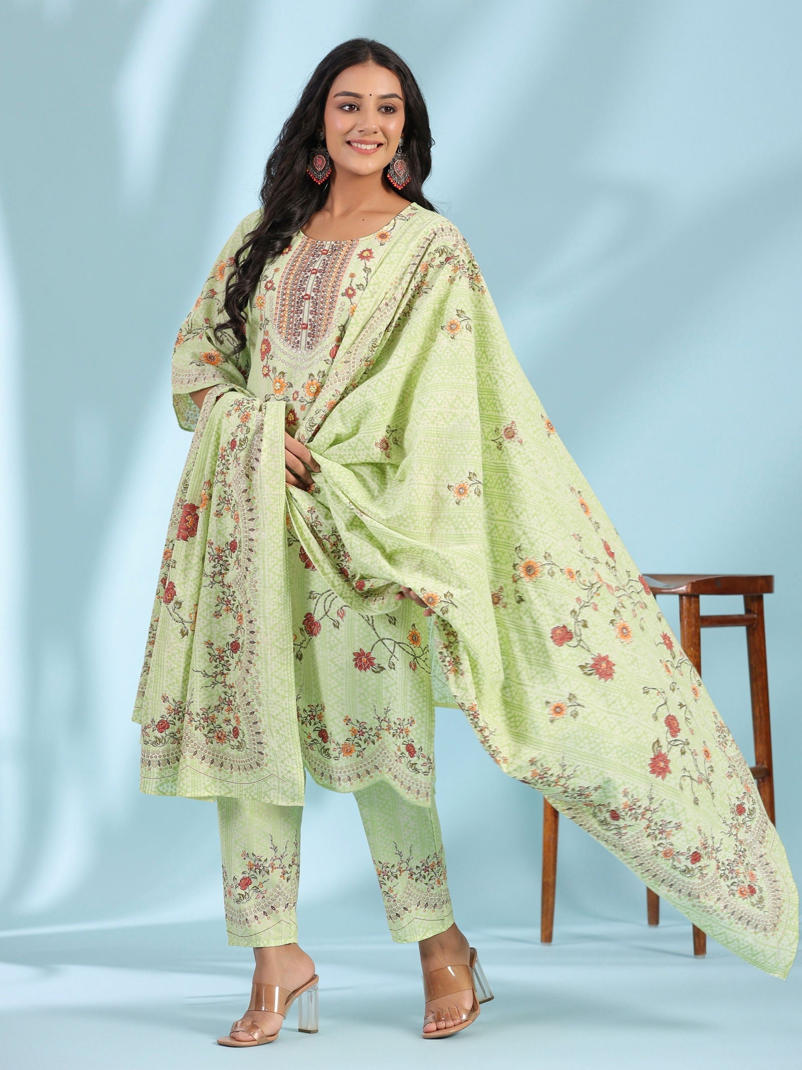 Juniper Blue Ethnic Motif Printed Pure Cotton Kurta Palazzo & Dupatta Set with Beads & Sequins