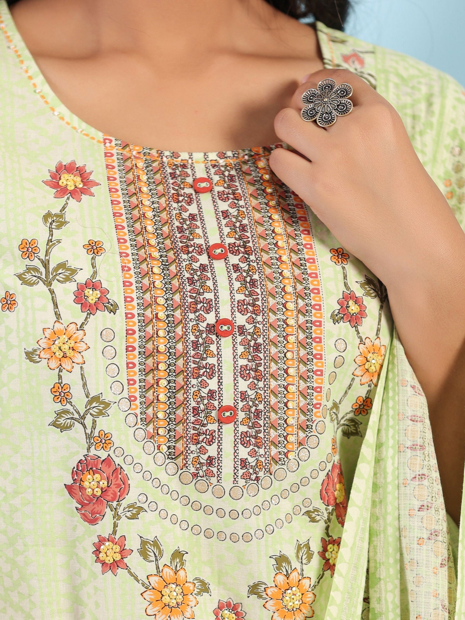 Juniper Blue Ethnic Motif Printed Pure Cotton Kurta Palazzo & Dupatta Set with Beads & Sequins
