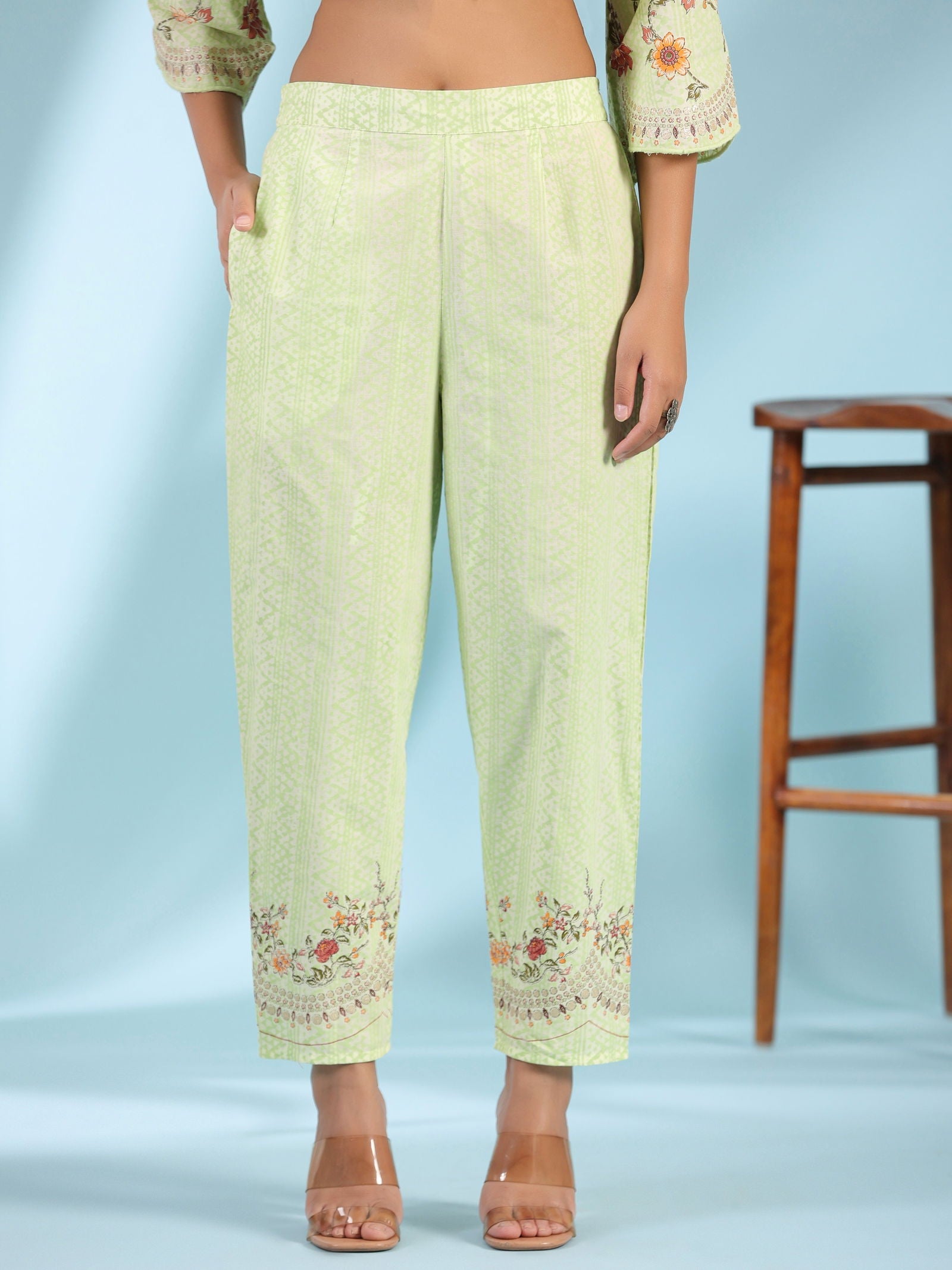 Juniper Blue Ethnic Motif Printed Pure Cotton Kurta Palazzo & Dupatta Set with Beads & Sequins