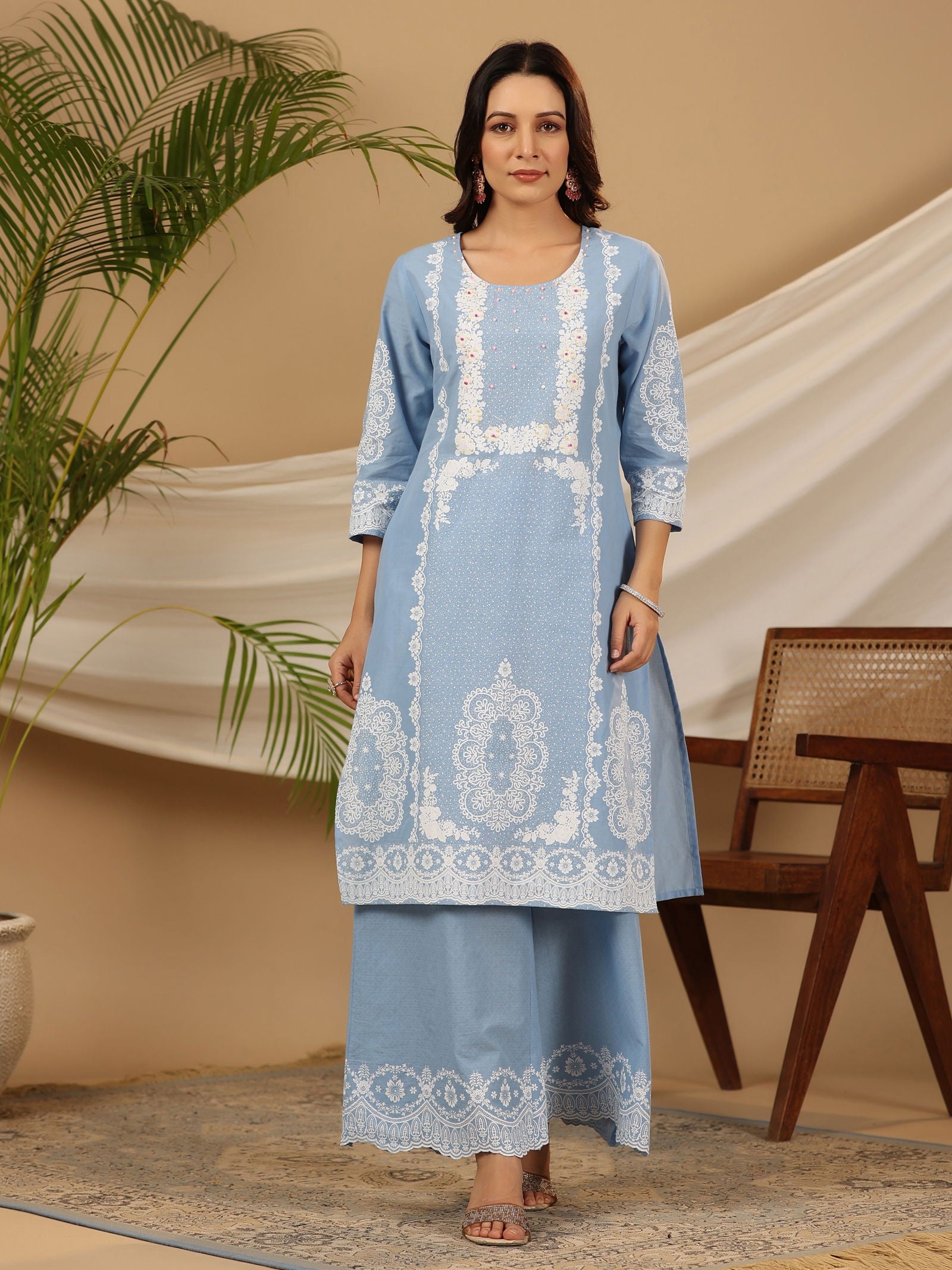 Juniper Blue Ethnic Motif Printed Pure Cotton Kurta Palazzo & Dupatta With Beads & Sequins Work