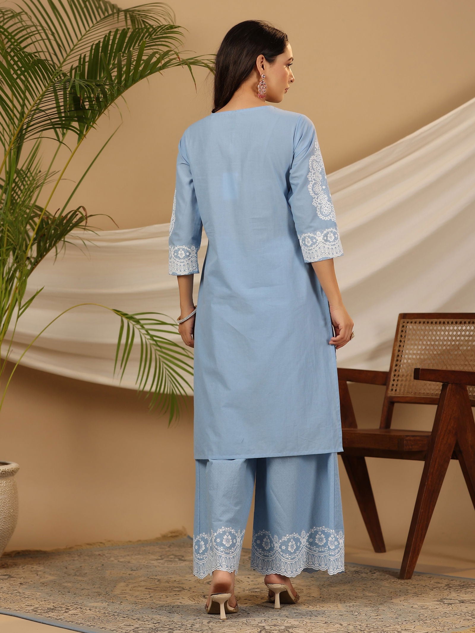 Juniper Blue Ethnic Motif Printed Pure Cotton Kurta Palazzo & Dupatta With Beads & Sequins Work