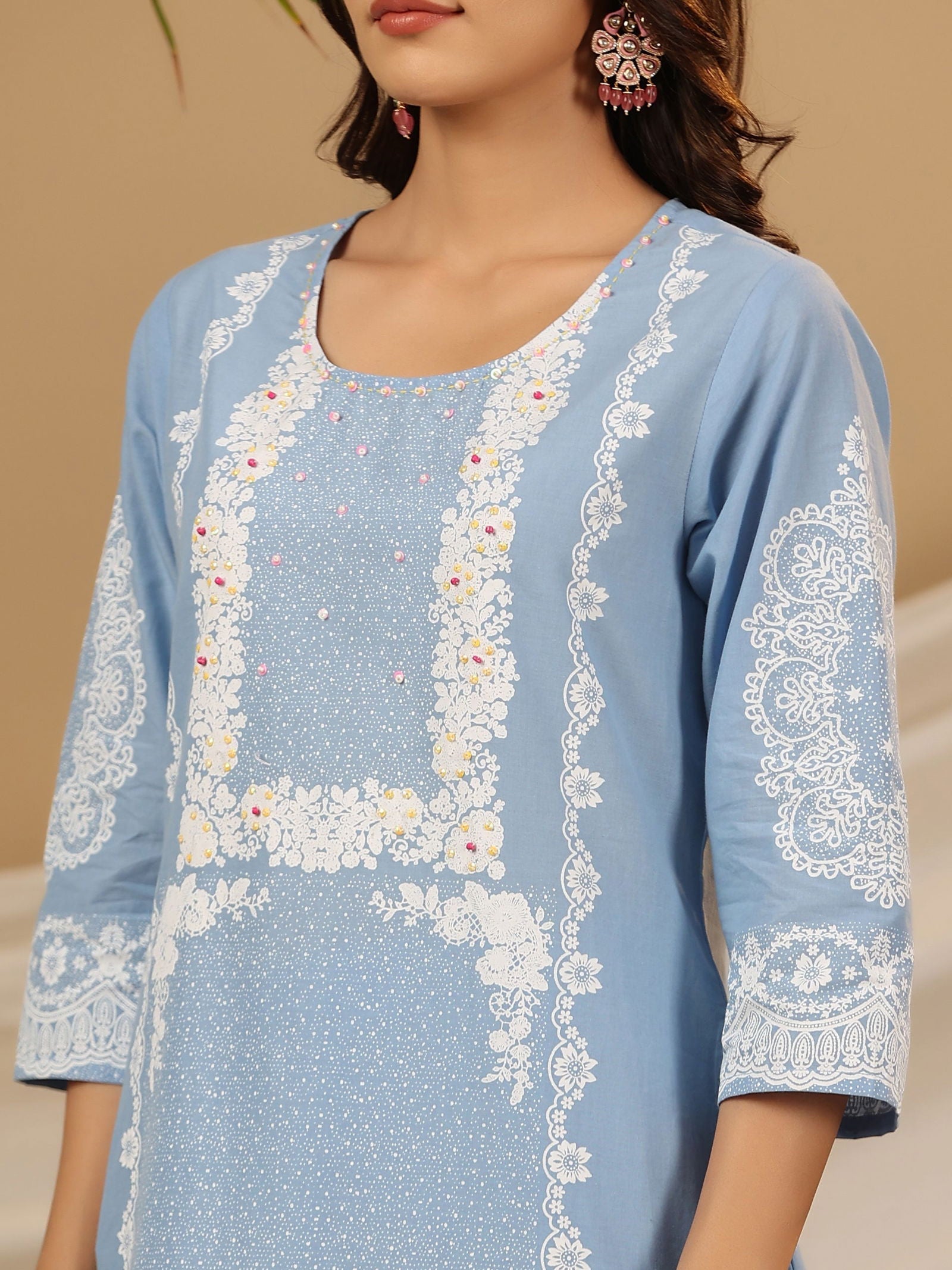 Juniper Blue Ethnic Motif Printed Pure Cotton Kurta Palazzo & Dupatta With Beads & Sequins Work