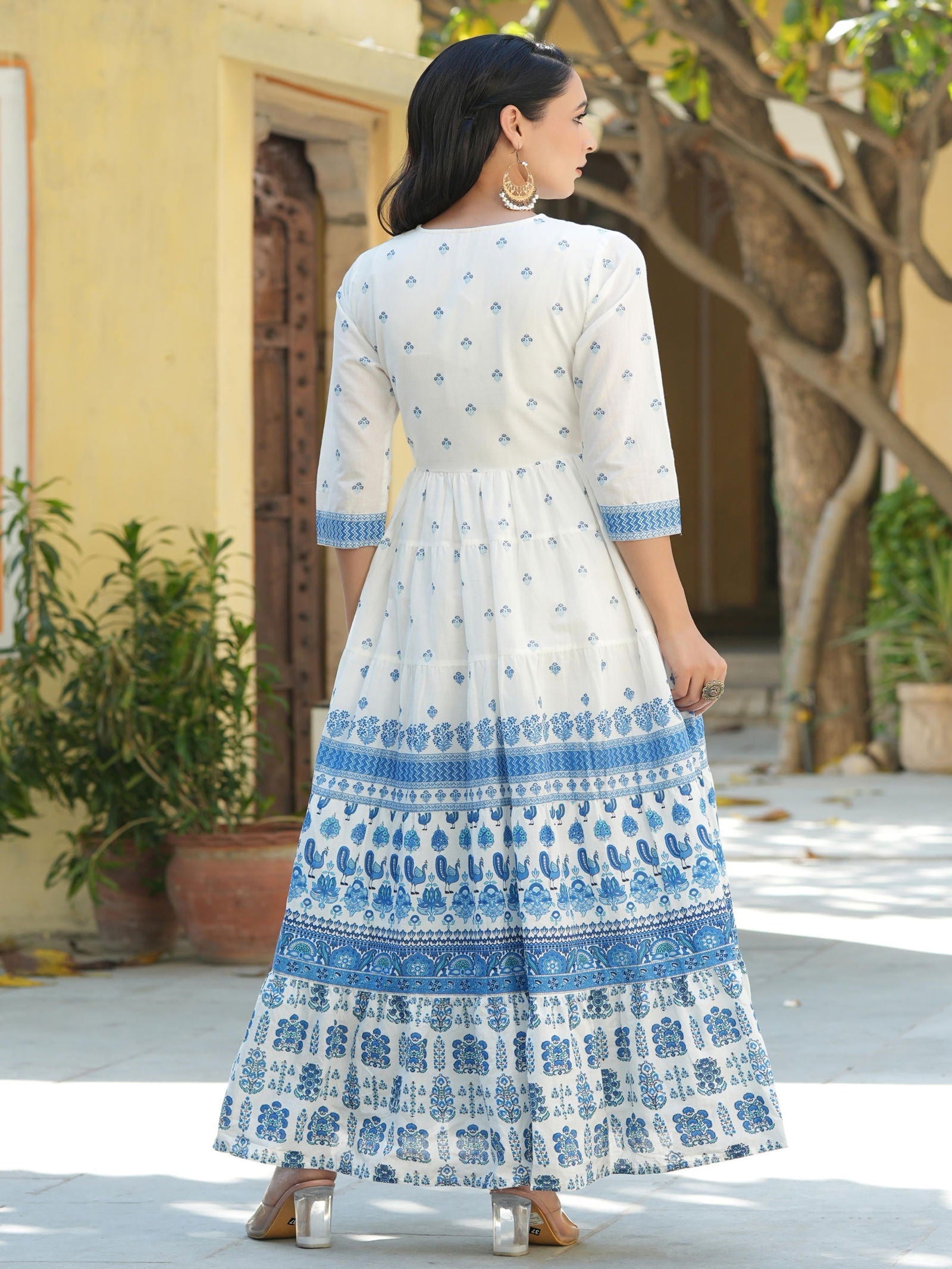 Juniper Blue Ethnic Motif Printed Pure Cotton Tiered Maxi Dress With Sequins & Thread Work Embroidery