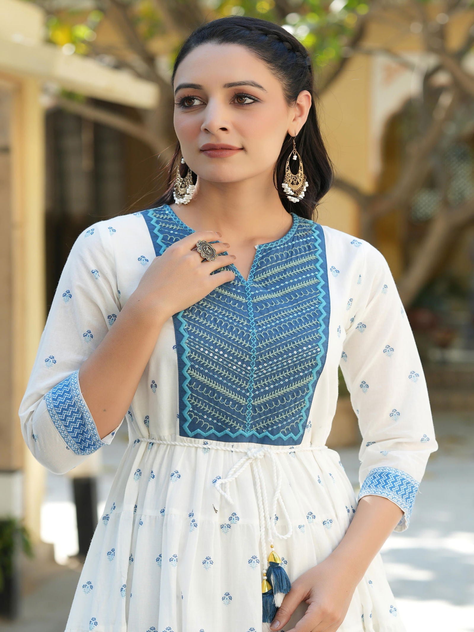 Juniper Blue Ethnic Motif Printed Pure Cotton Tiered Maxi Dress With Sequins & Thread Work Embroidery