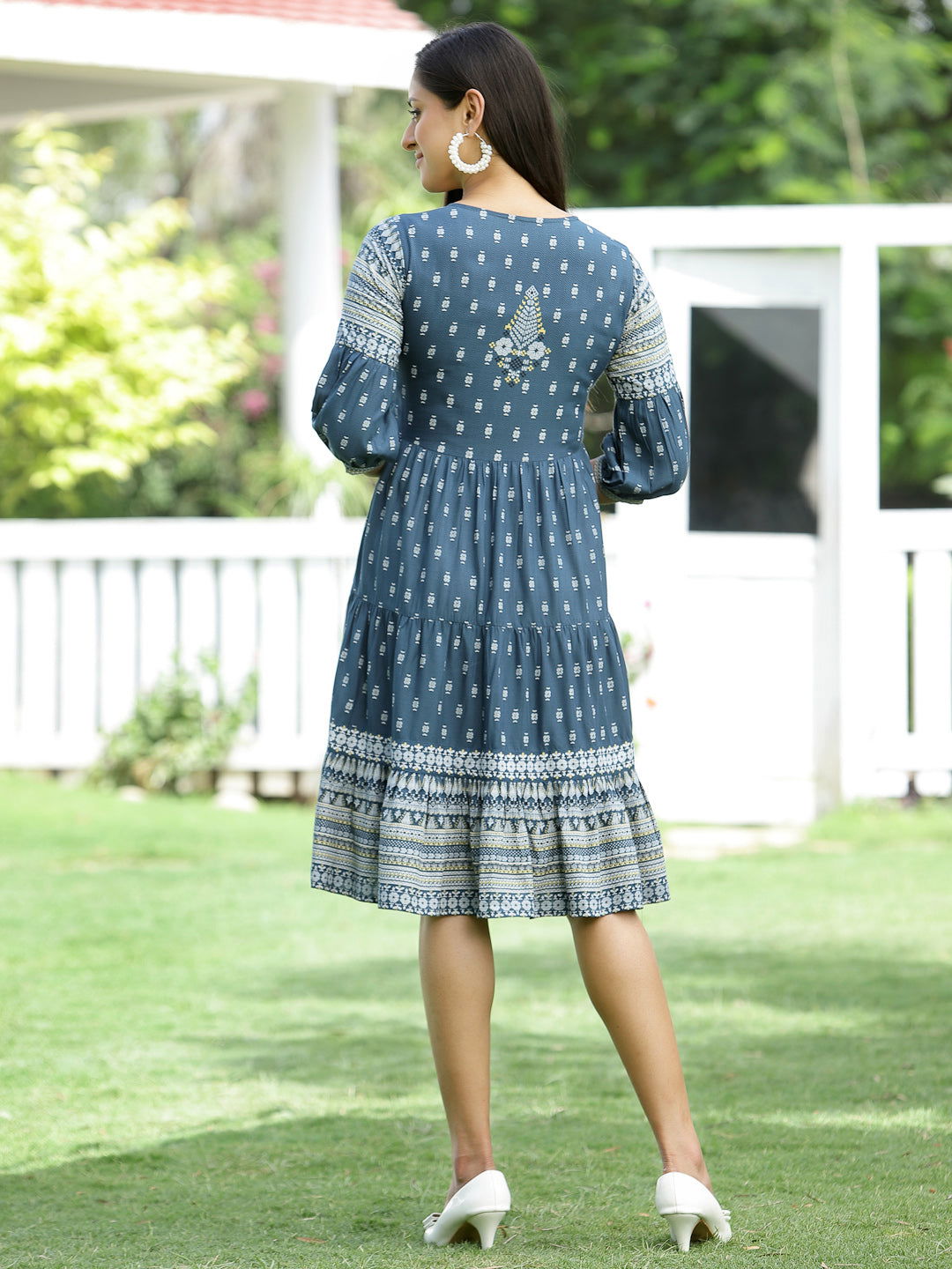 Juniper Blue Ethnic Motif Printed Rayon Short Dress with Tassels Detail