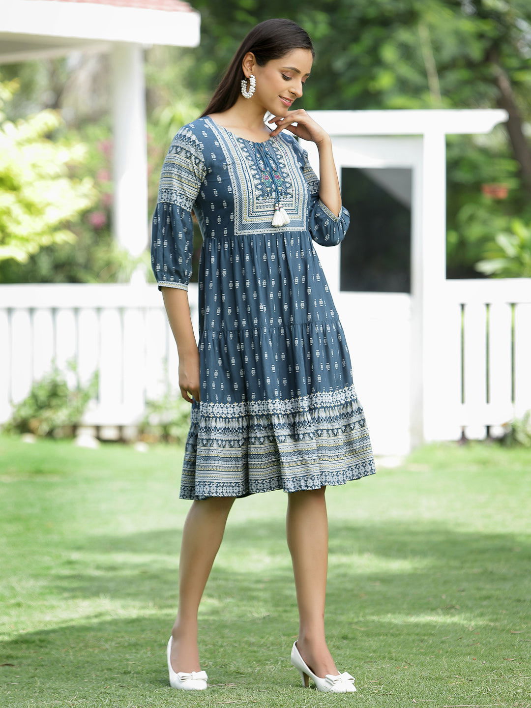 Juniper Blue Ethnic Motif Printed Rayon Short Dress with Tassels Detail