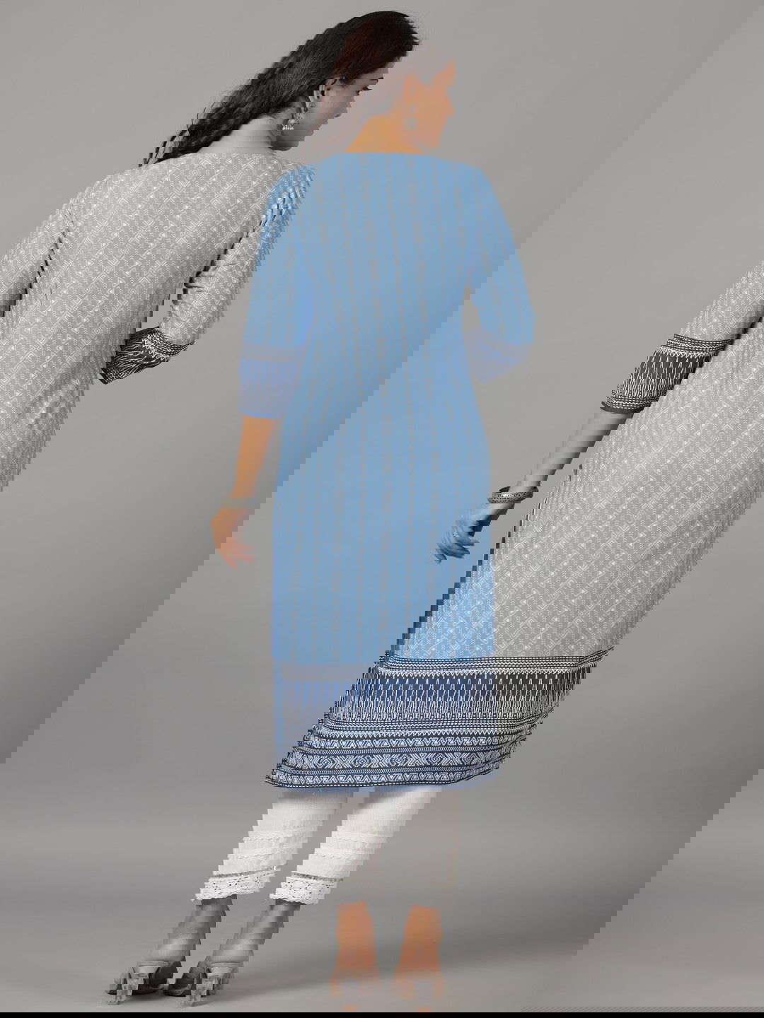 Juniper Blue Ethnic Motif Printed Rayon Slub Kurta With Beads & Sequins