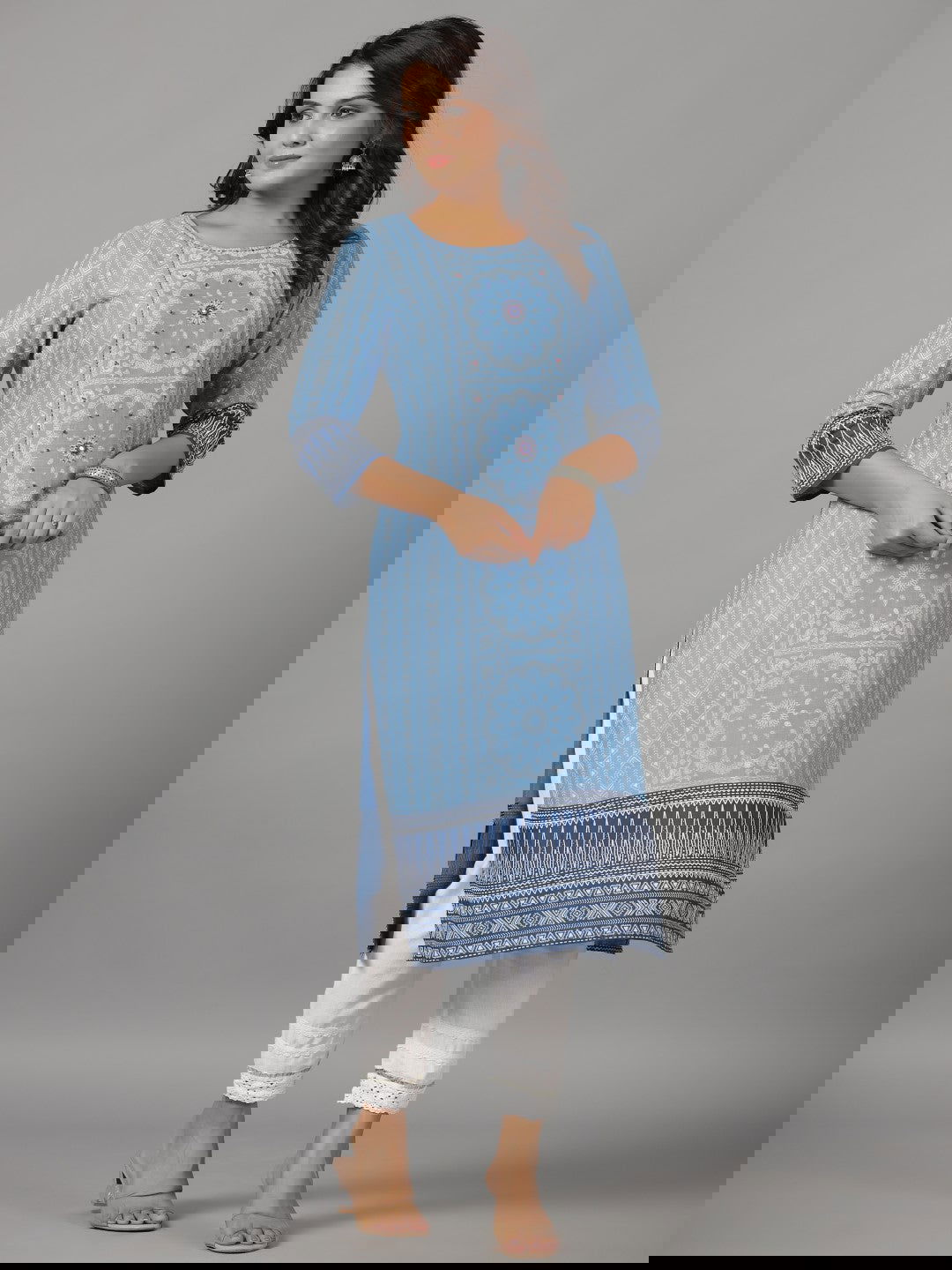 Juniper Blue Ethnic Motif Printed Rayon Slub Kurta With Beads & Sequins