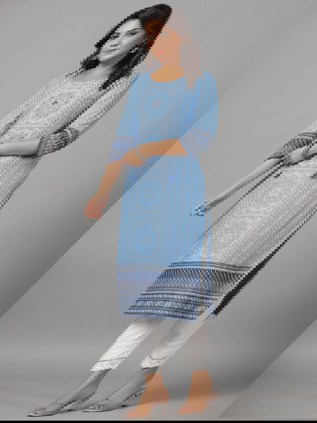 Juniper Blue Ethnic Motif Printed Rayon Slub Kurta With Beads & Sequins