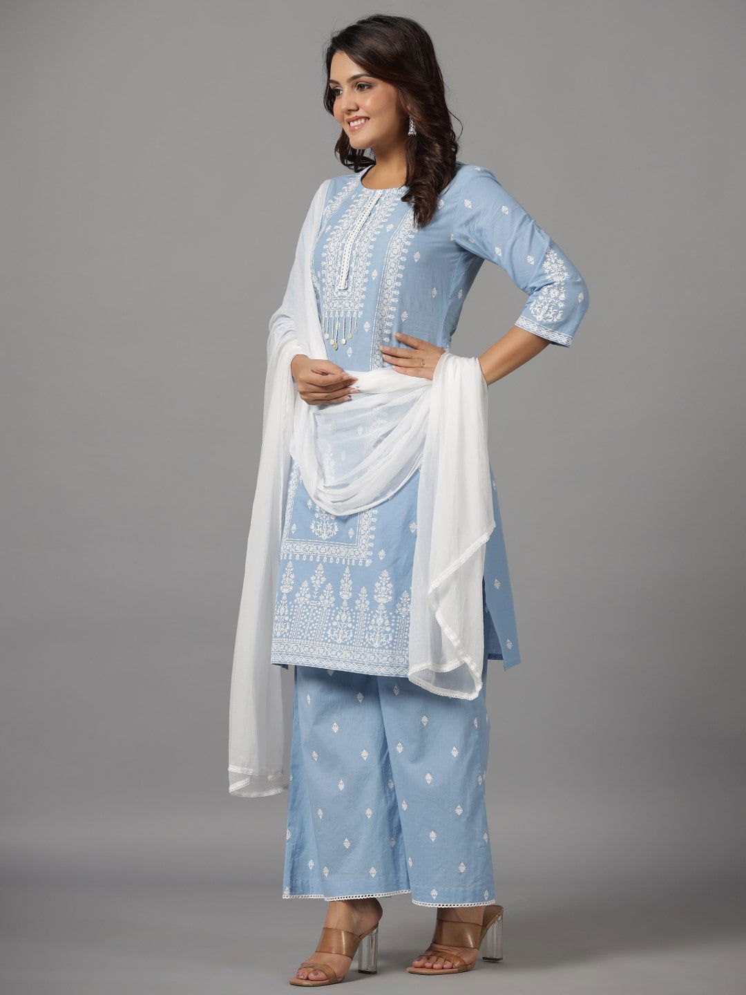 Juniper Blue Ethnic Motif pure Cotton Kurta Palazzos & Chiffon Dupatta Set With Beads & Sequins work