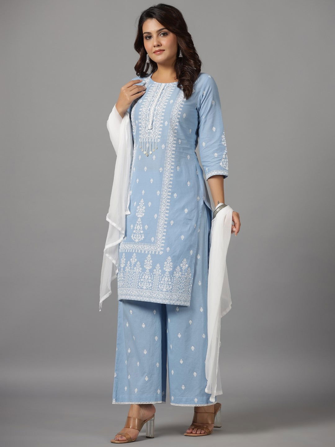 Juniper Blue Ethnic Motif pure Cotton Kurta Palazzos & Chiffon Dupatta Set With Beads & Sequins work