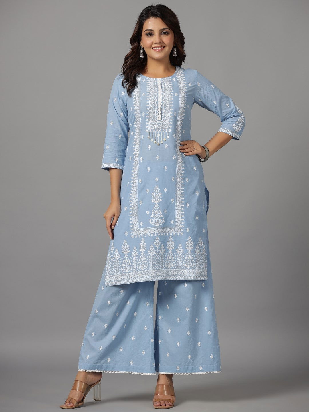 Juniper Blue Ethnic Motif pure Cotton Kurta Palazzos & Chiffon Dupatta Set With Beads & Sequins work