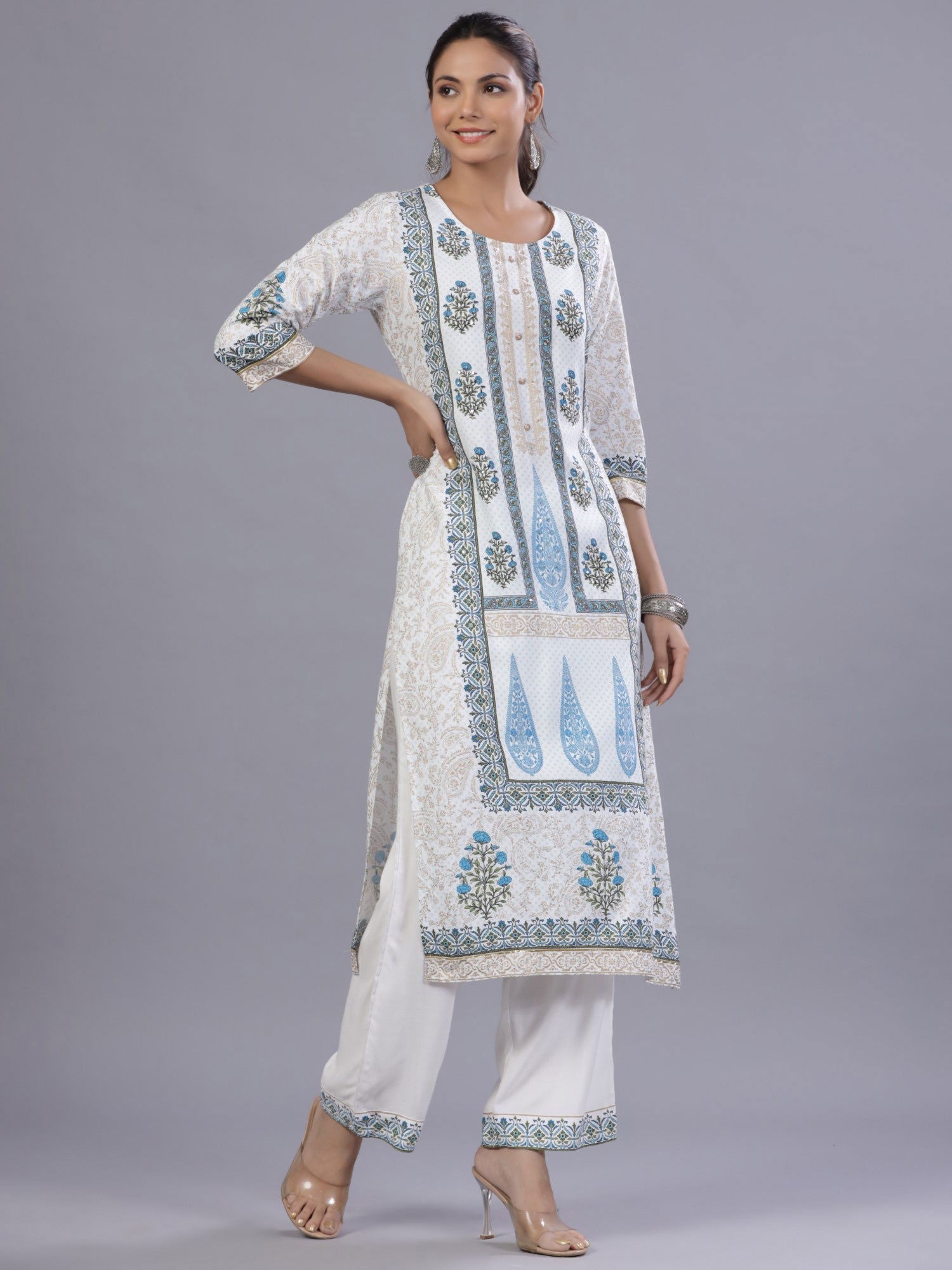 Juniper Blue Ethnic Printed Rayon Kurta Pants and Dupatta Set