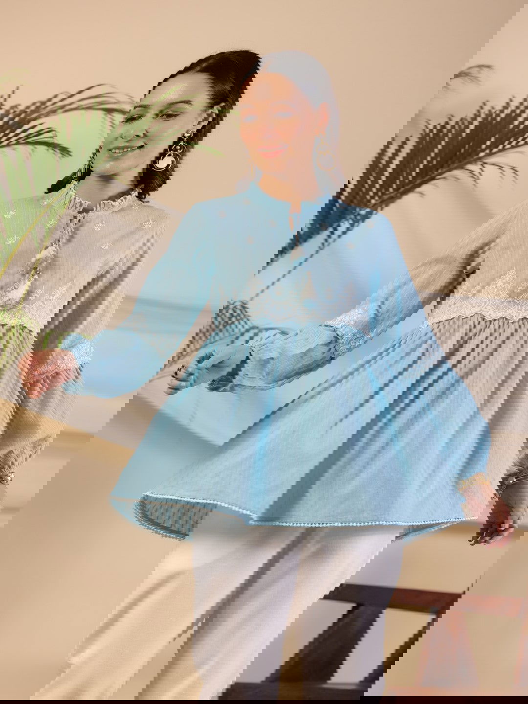 Juniper Blue Ethnic motif Cotton Dobby Tunic with the thread embroidery