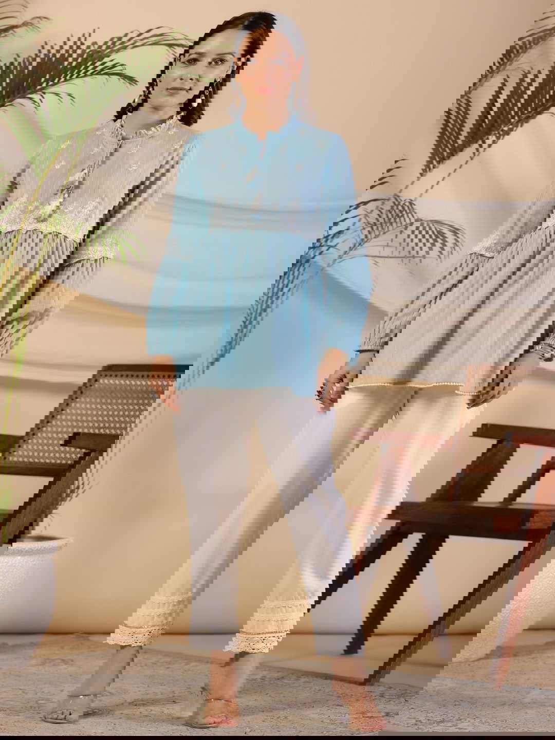 Juniper Blue Ethnic motif Cotton Dobby Tunic with the thread embroidery