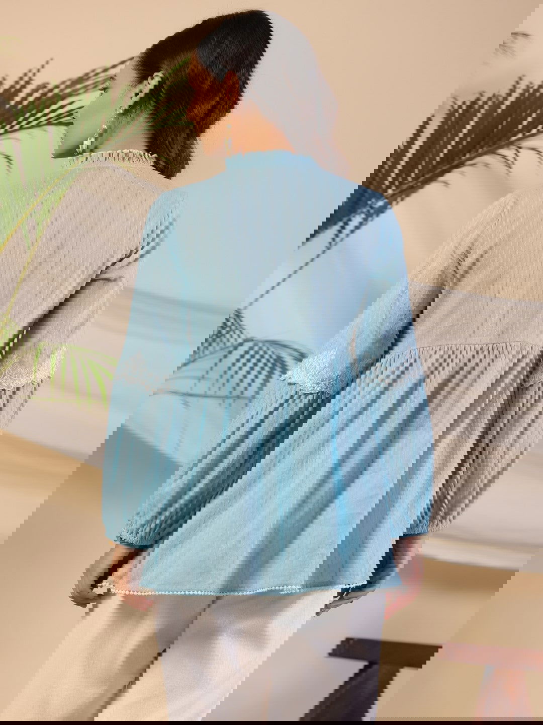 Juniper Blue Ethnic motif Cotton Dobby Tunic with the thread embroidery