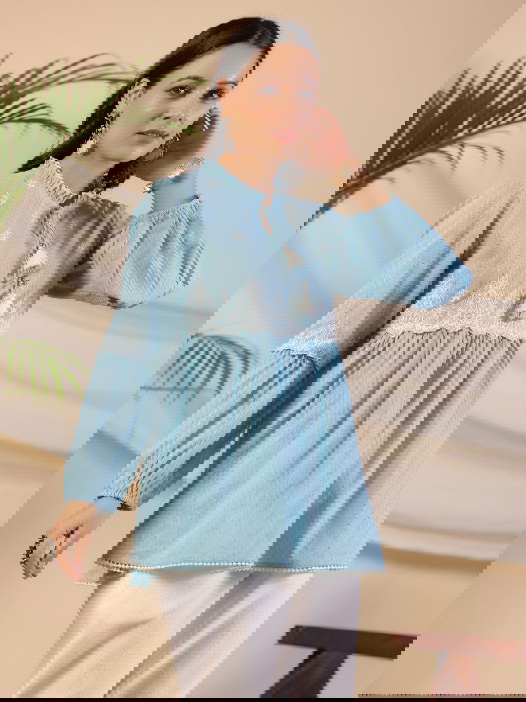 Juniper Blue Ethnic motif Cotton Dobby Tunic with the thread embroidery