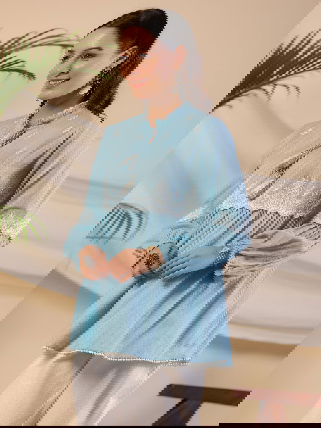 Juniper Blue Ethnic motif Cotton Dobby Tunic with the thread embroidery