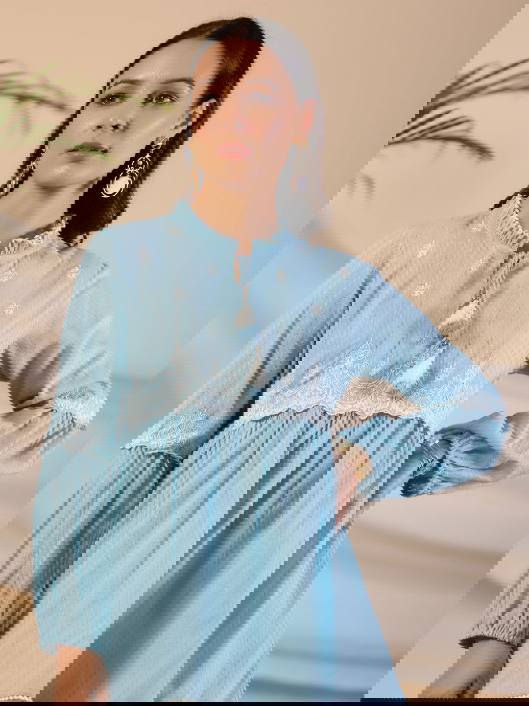 Juniper Blue Ethnic motif Cotton Dobby Tunic with the thread embroidery