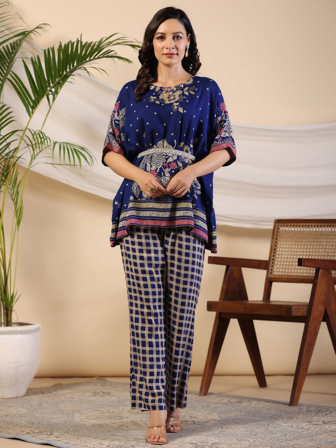 Juniper Blue Floral Print Rayon Kaftan Co-Ord Set With Kantha Work & White Beads At Neckline