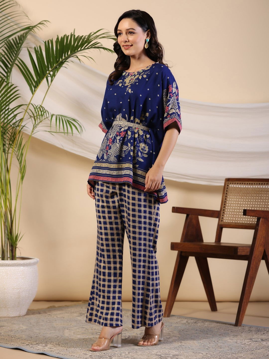 Juniper Blue Floral Print Rayon Kaftan Co-Ord Set With Kantha Work & White Beads At Neckline