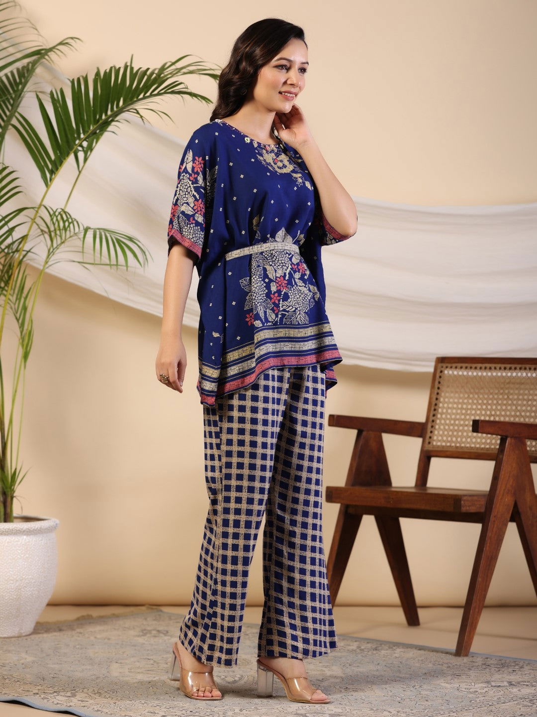Juniper Blue Floral Print Rayon Kaftan Co-Ord Set With Kantha Work & White Beads At Neckline