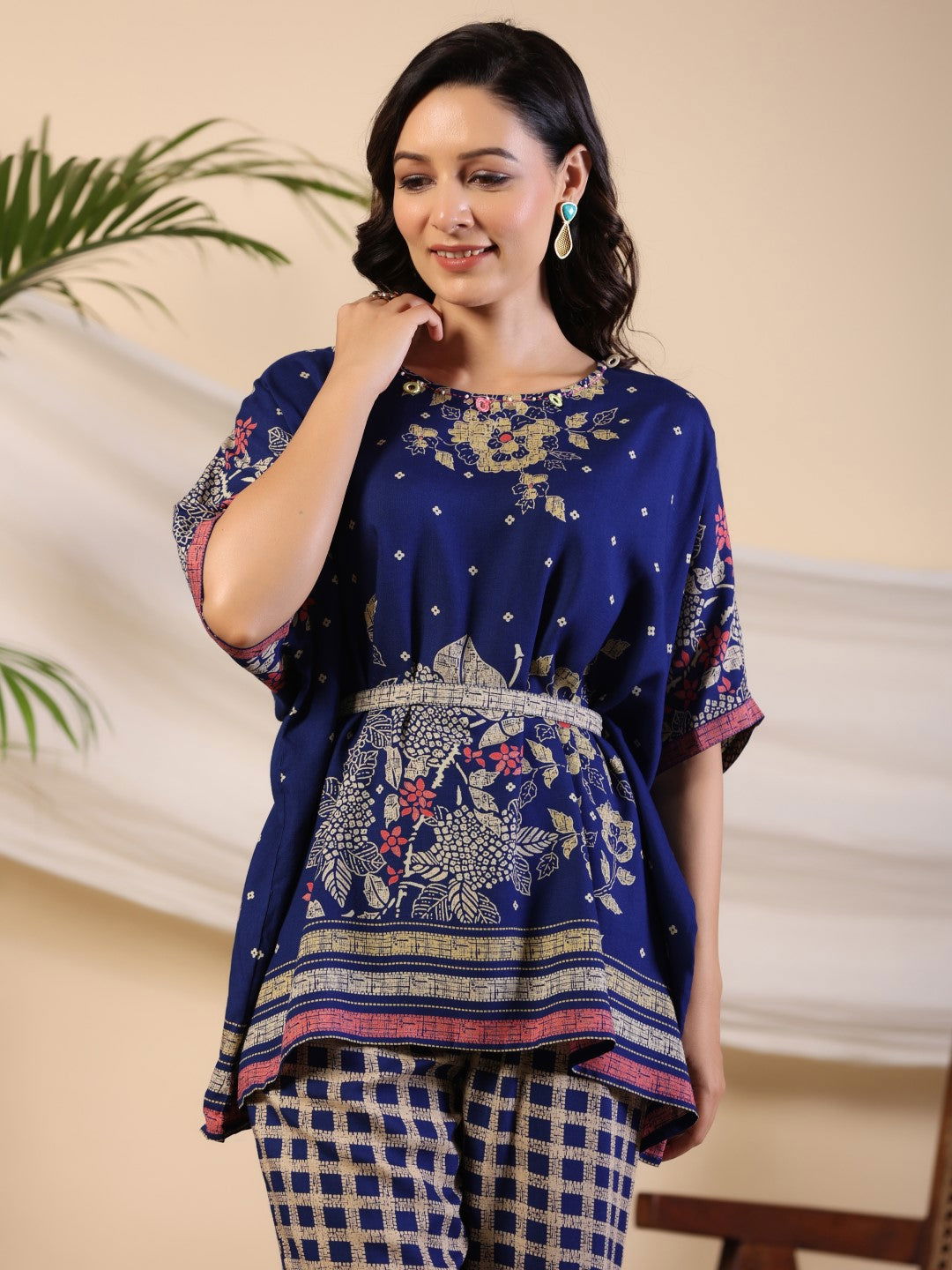 Juniper Blue Floral Print Rayon Kaftan Co-Ord Set With Kantha Work & White Beads At Neckline