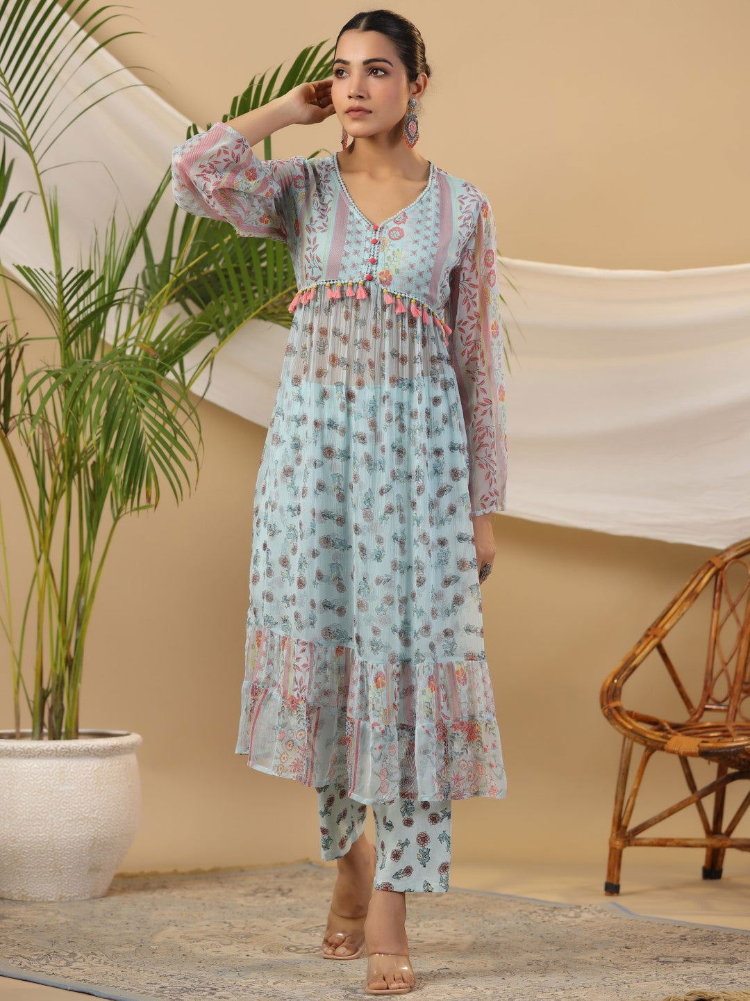 Juniper Blue Floral Printed Alia-Cut Chiffon Kurta & Pant Set With Lace Work