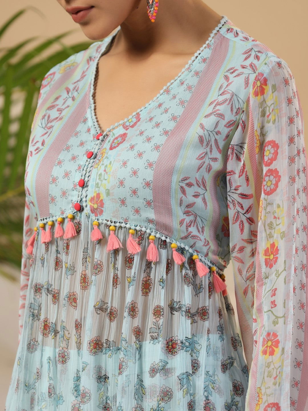 Juniper Blue Floral Printed Alia-Cut Chiffon Kurta & Pant Set With Lace Work