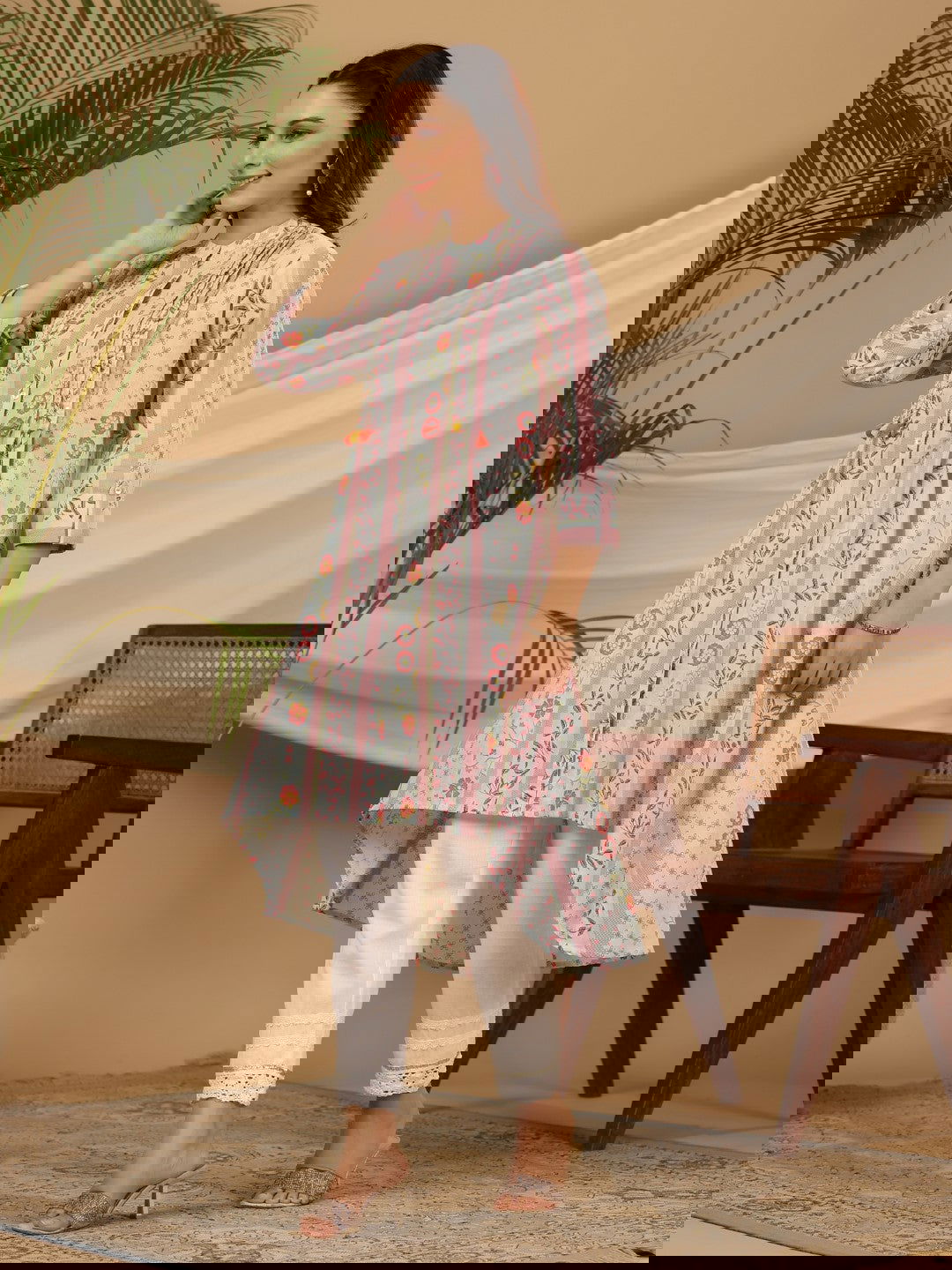 Juniper Blue Floral Printed Cotton Cambric Kurta With Sequins Work