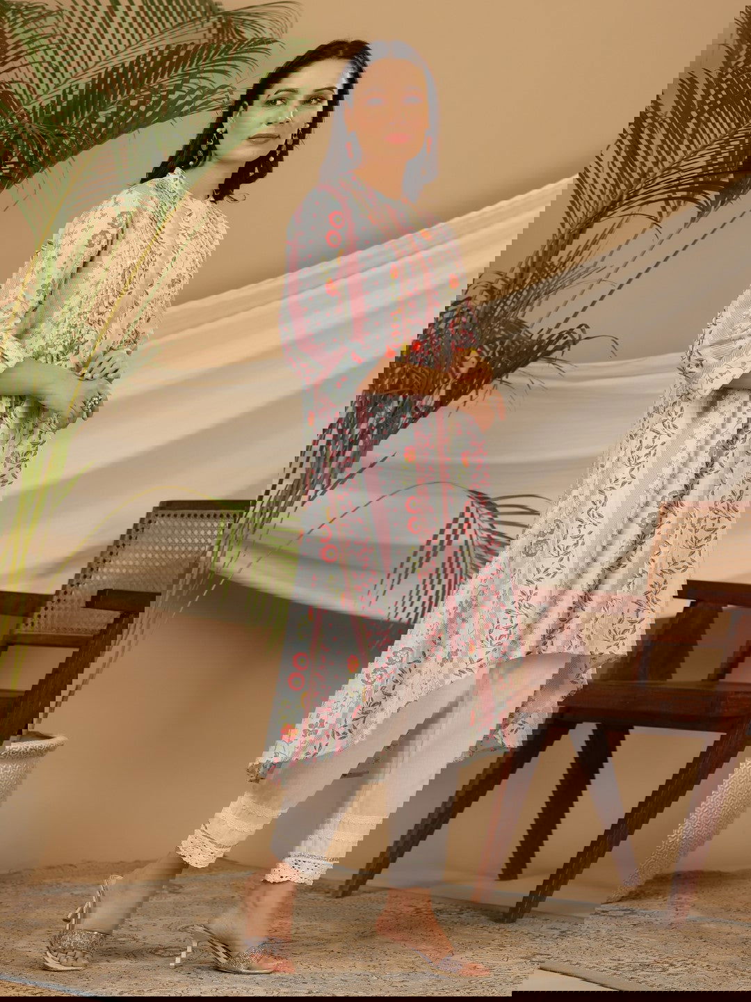 Juniper Blue Floral Printed Cotton Cambric Kurta With Sequins Work