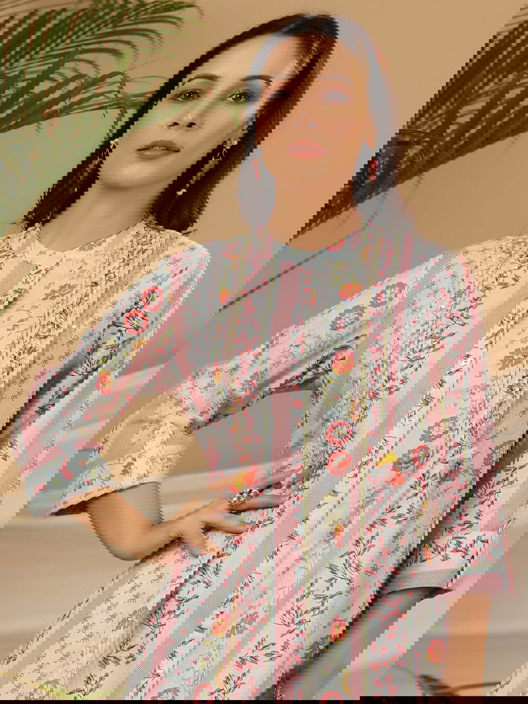 Juniper Blue Floral Printed Cotton Cambric Kurta With Sequins Work