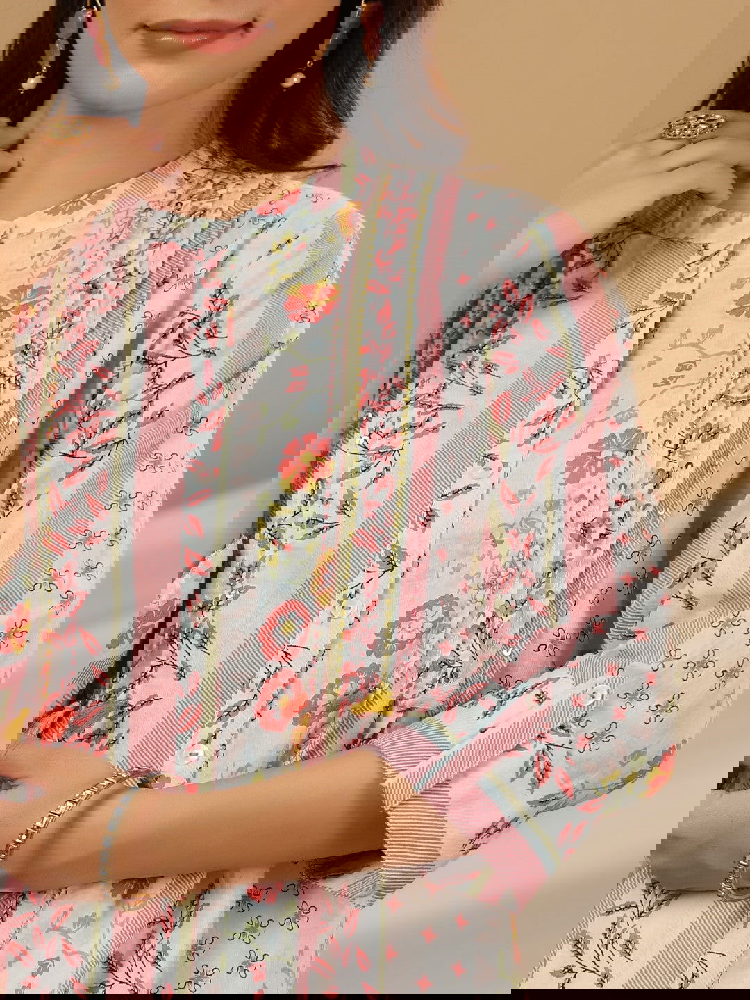 Juniper Blue Floral Printed Cotton Cambric Kurta With Sequins Work